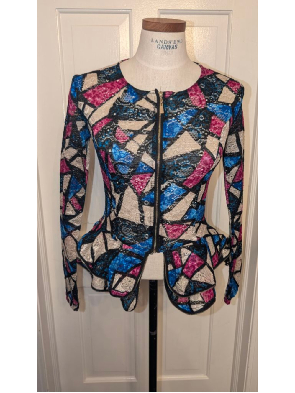 Women's Xtaren Blue Pink Geometric Peplum Blazer Jacket S
